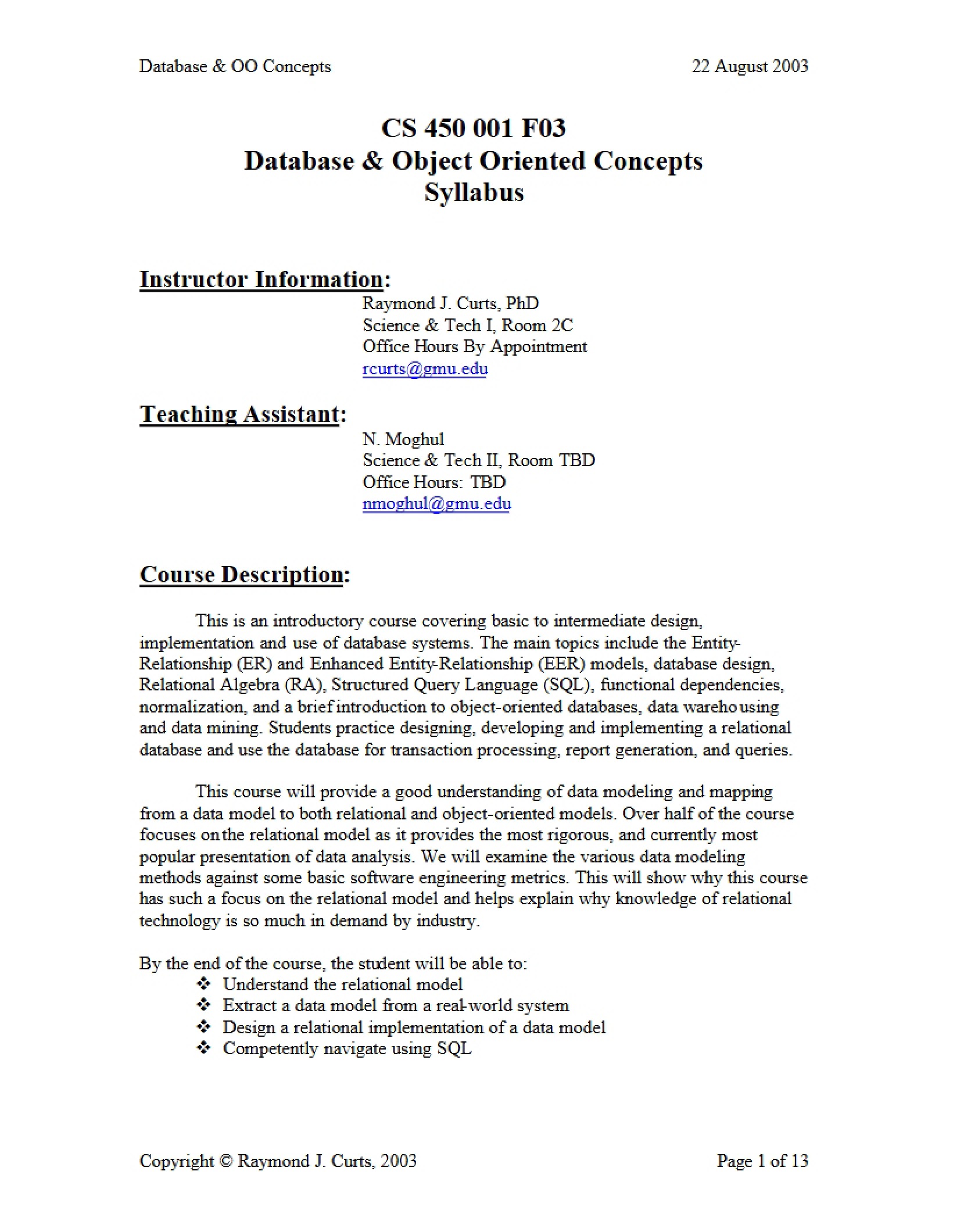 Database Concepts Course Syllabus
