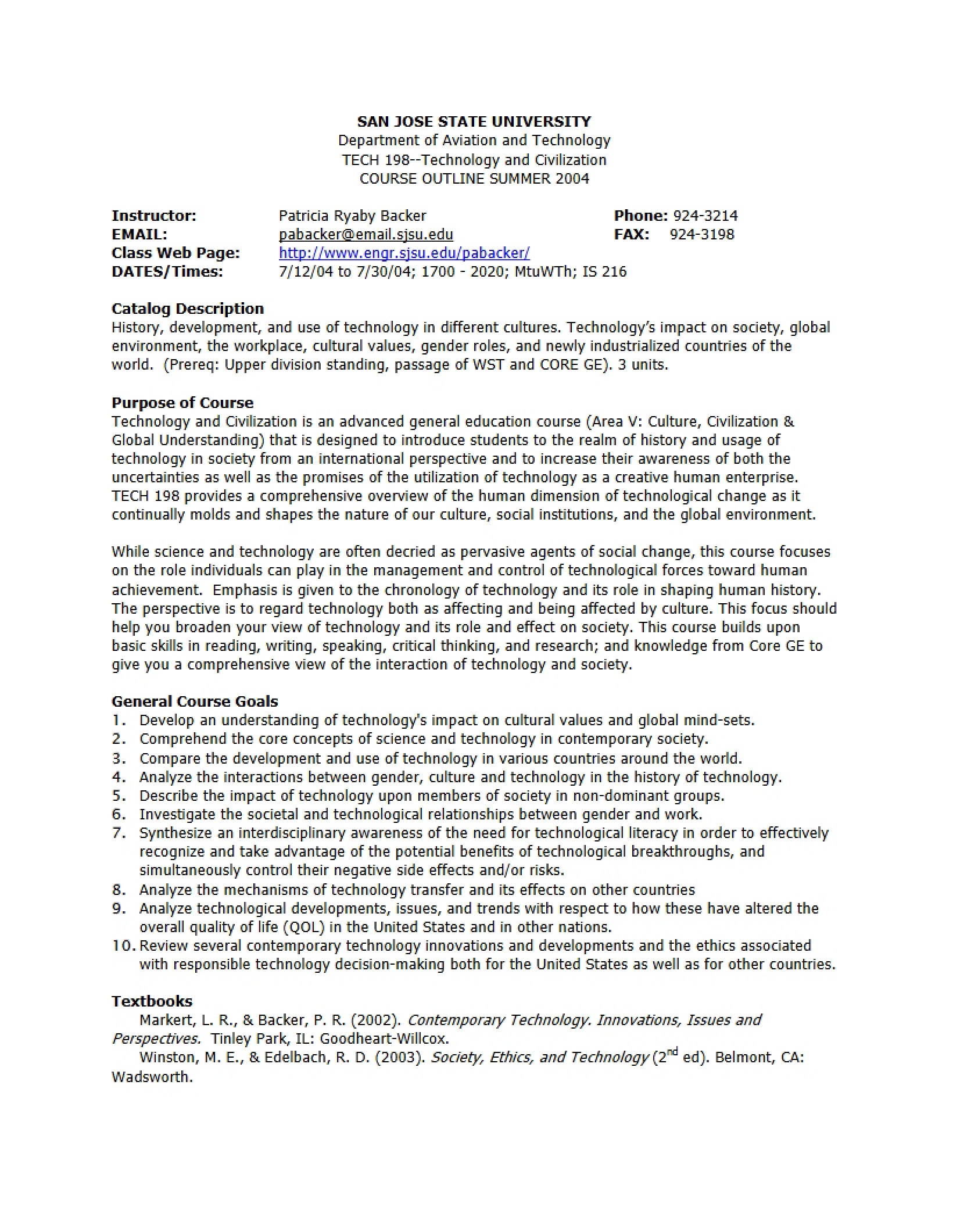 Course Outline TECH 198