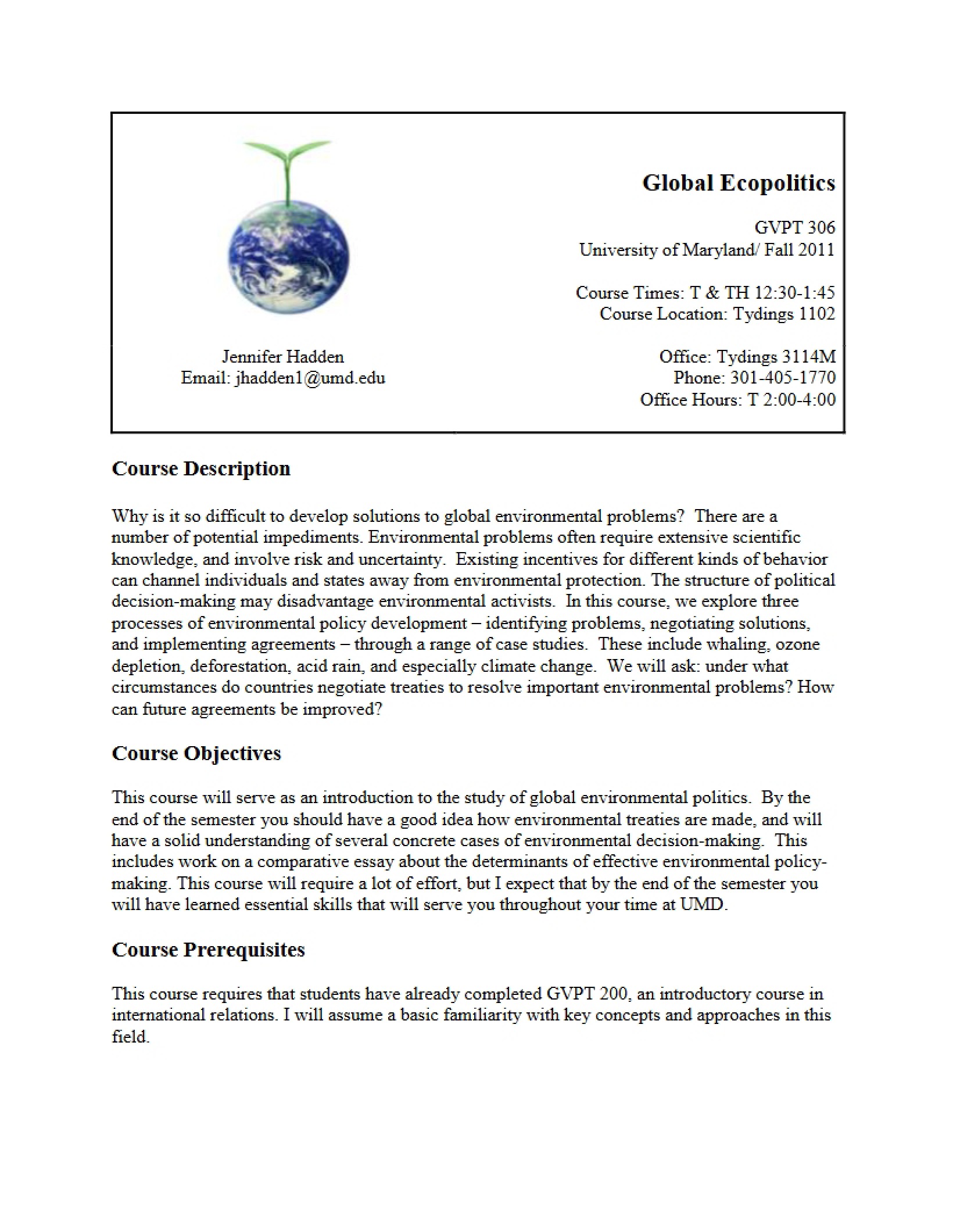 Syllabus for Global Environment Course