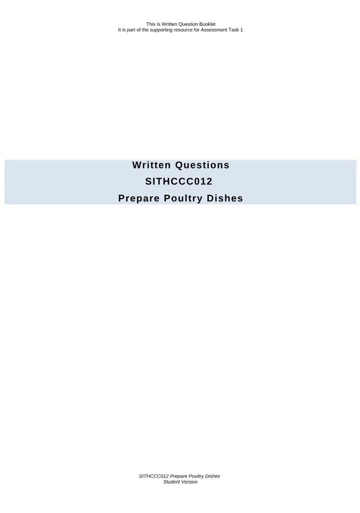 SITHCCC012 Poultry Dishes - Written Questions