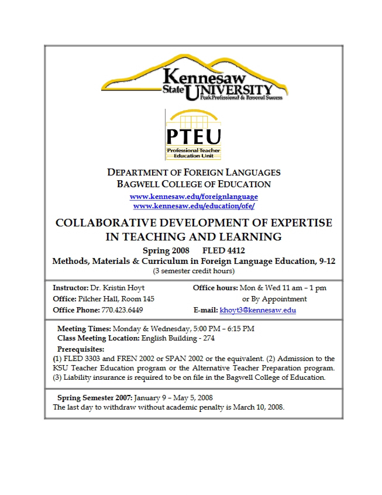 Field Experience in Foreign Language Education (P-12) Syllabus