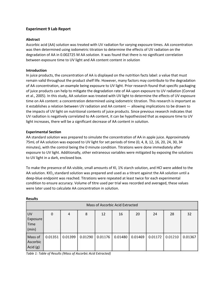 Lab on UV Radiation Effects on Ascorbic Acid