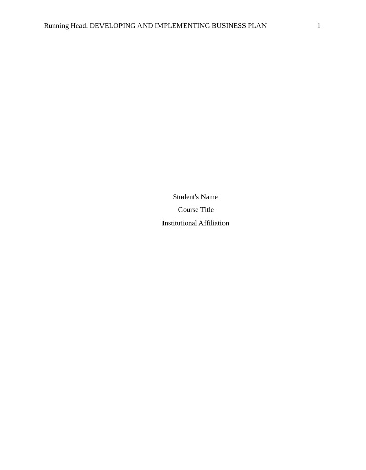 Business Plan Development and Implementation