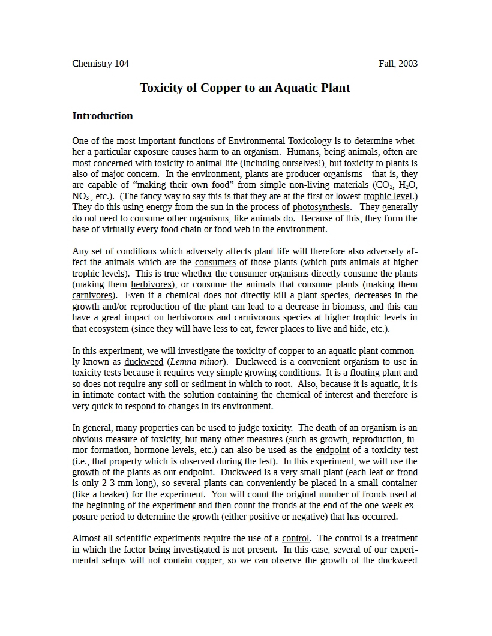 Copper Toxicity in Aquatic Plants