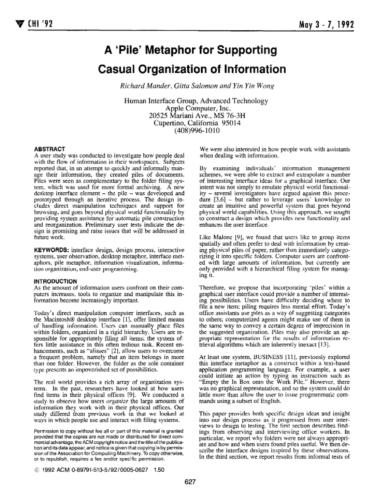 Casual Information Organization A Pile Metaphor