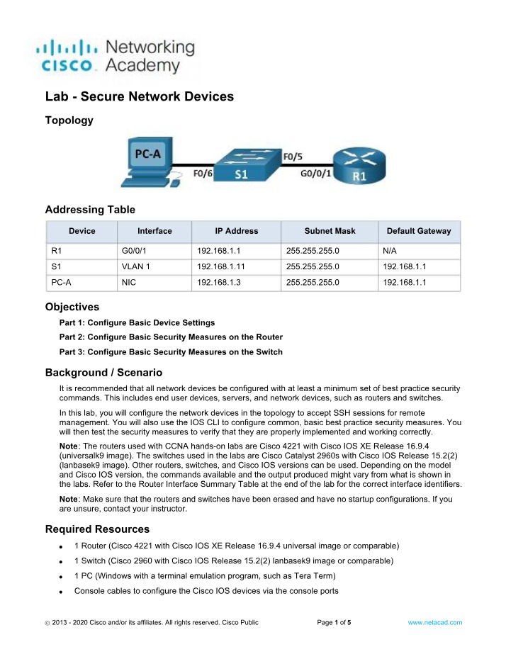 Configuring Basic Security for Network Devices Lab