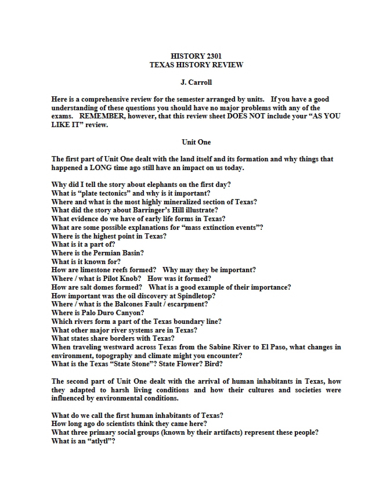 Review Sheet for Texas History