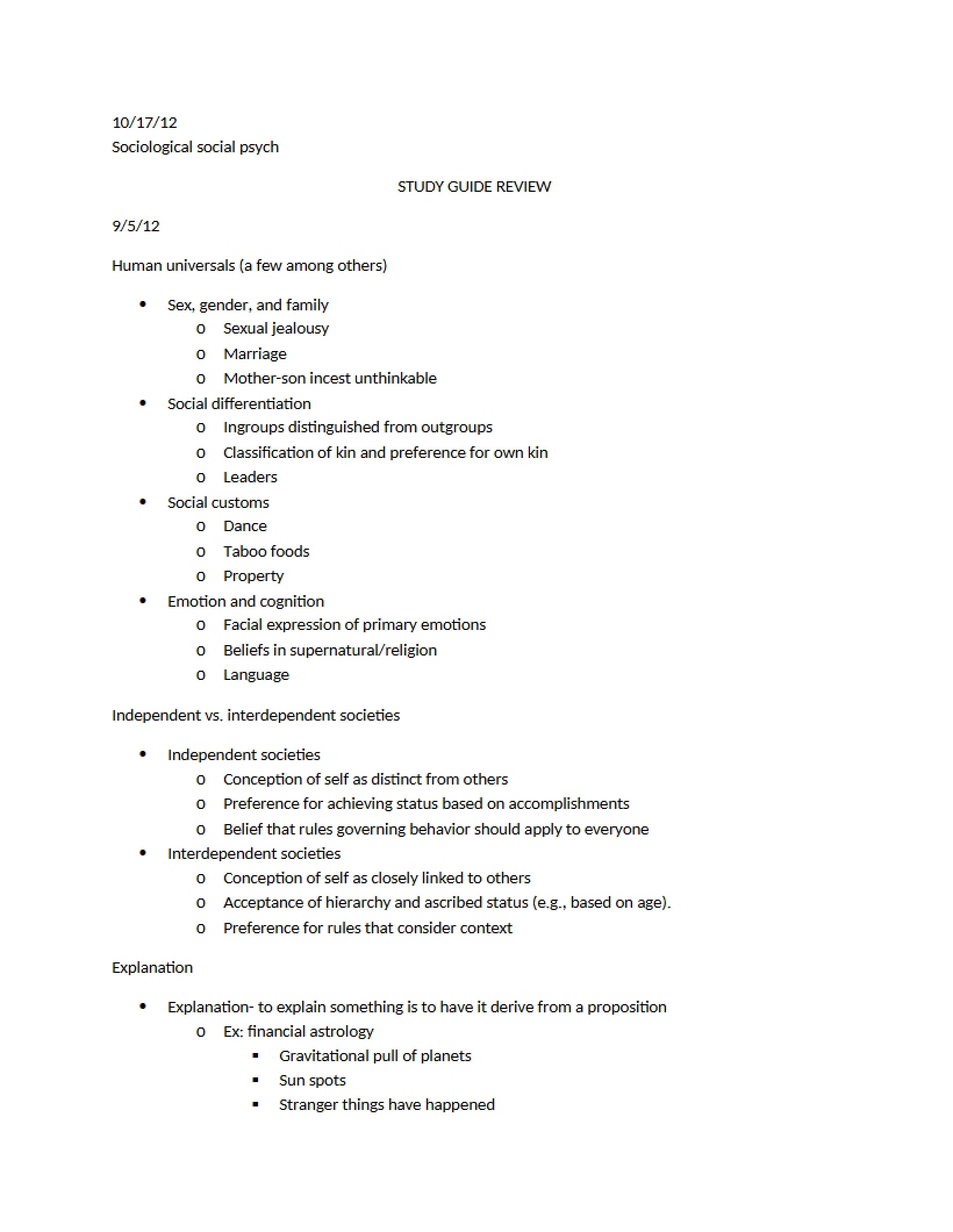 Review of Study Guide