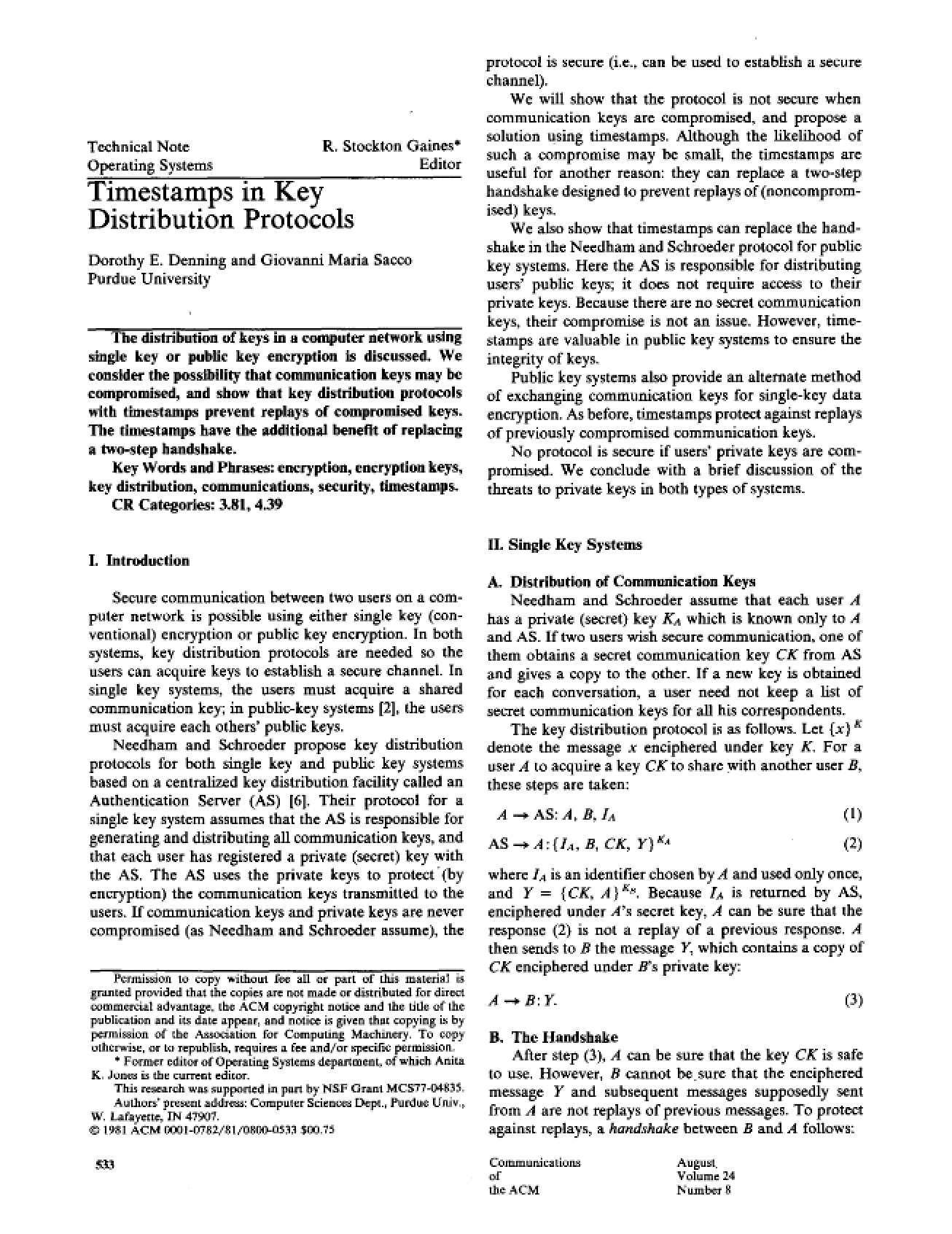 Key Distribution Protocol Timestamps