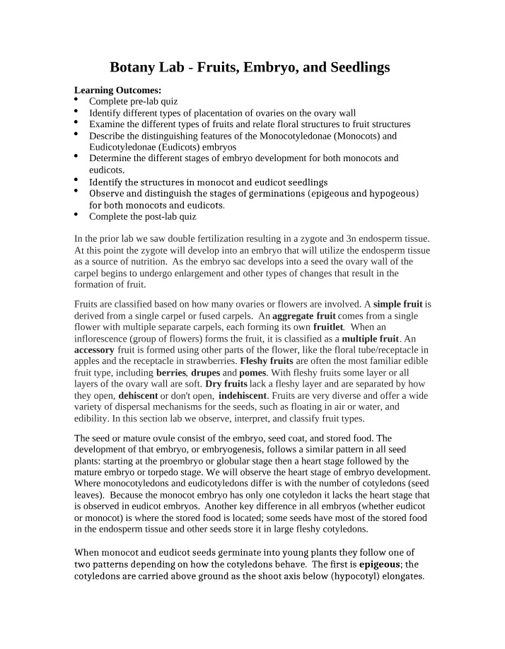 Worksheet for Fruits, Embryos, and Seedlings