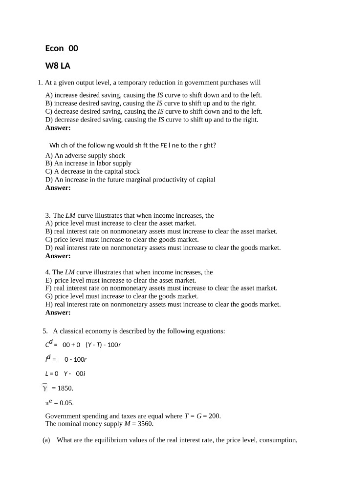 Week 8 Learning Activity - Classical FE and LM Questions