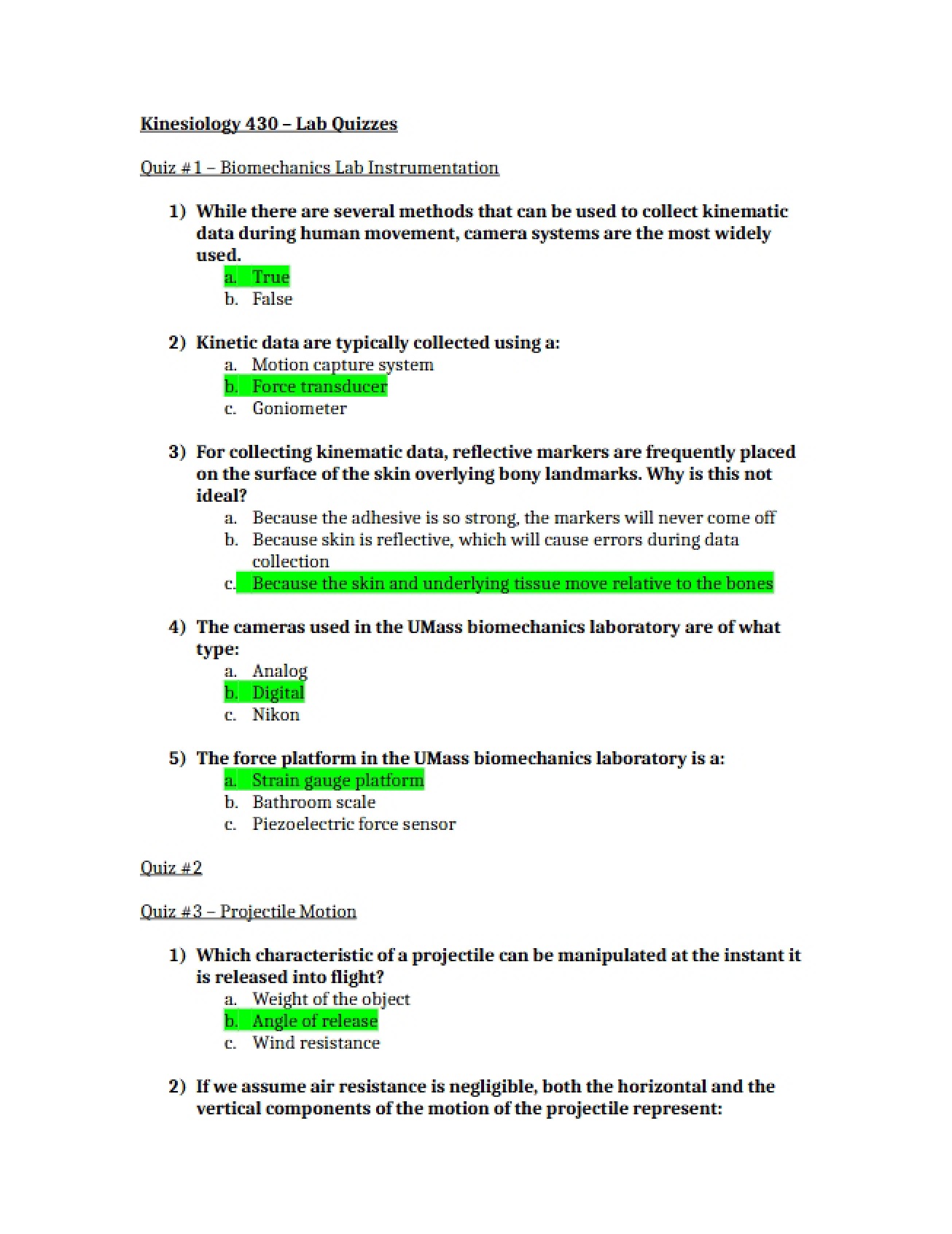Biomechanics Lab Quizzes