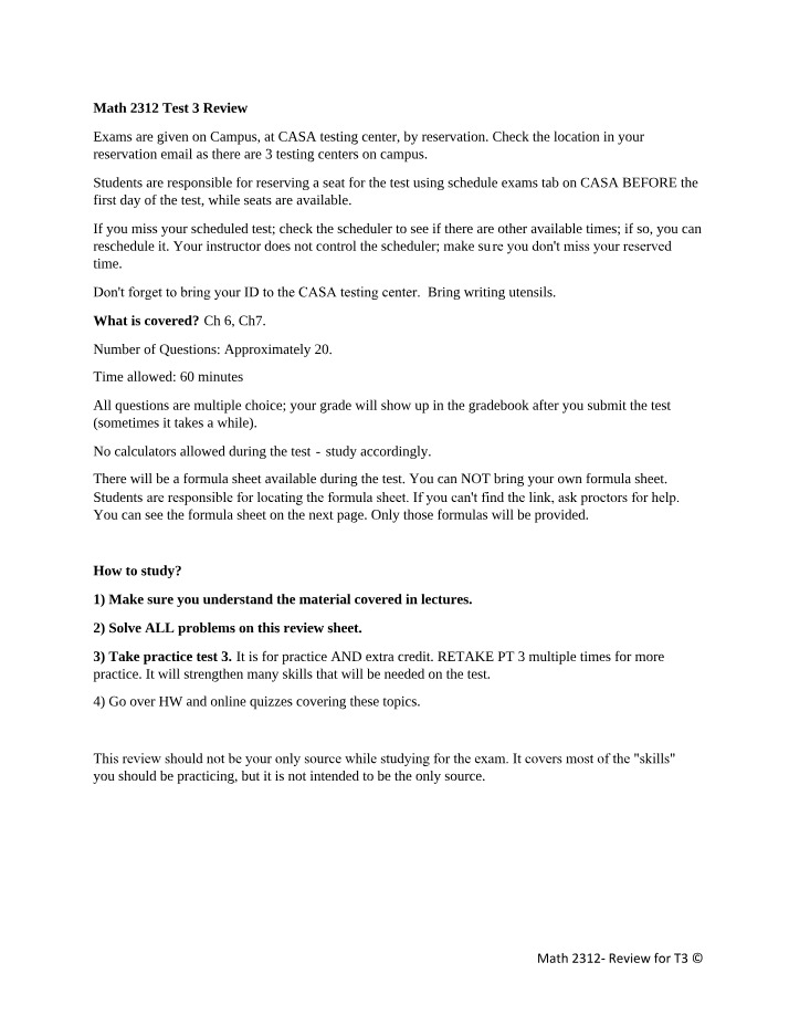 Test 3 Review for Math 2312