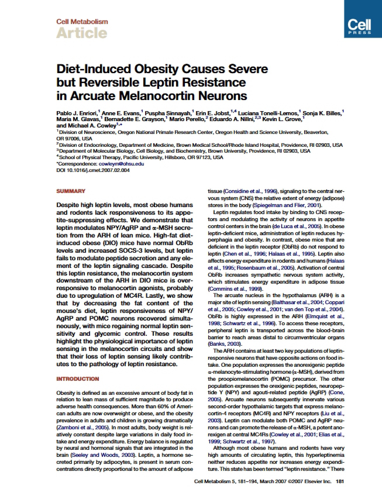 Diet-Induced Obesity and Reversible Leptin Resistance in Arcuate Melanocortin Neurons