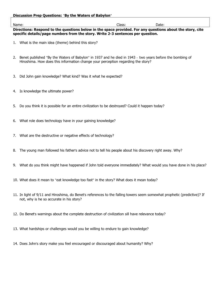 Discussion Prep Questions for By the Waters of Babylon