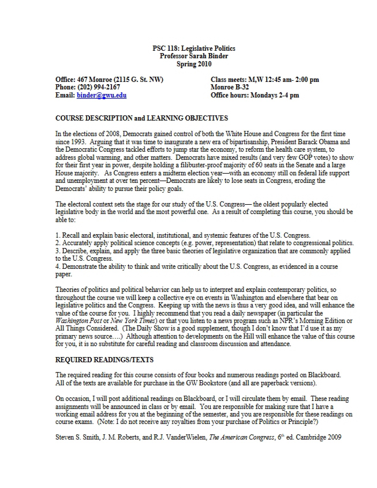 Academic Overview Legislative Politics Course