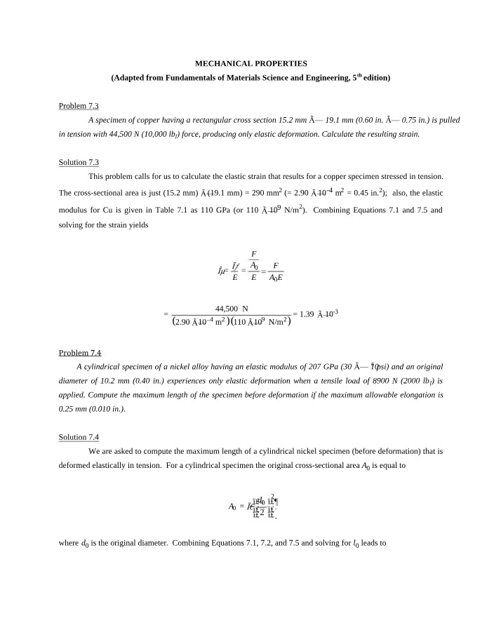 Mechanical Properties of Copper - Elastic Deformation Calculations