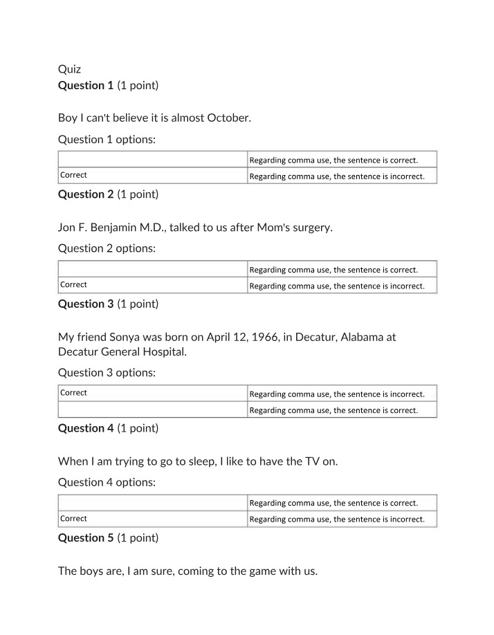 Quiz Questions and Answers - Proper Comma Use in Sentences