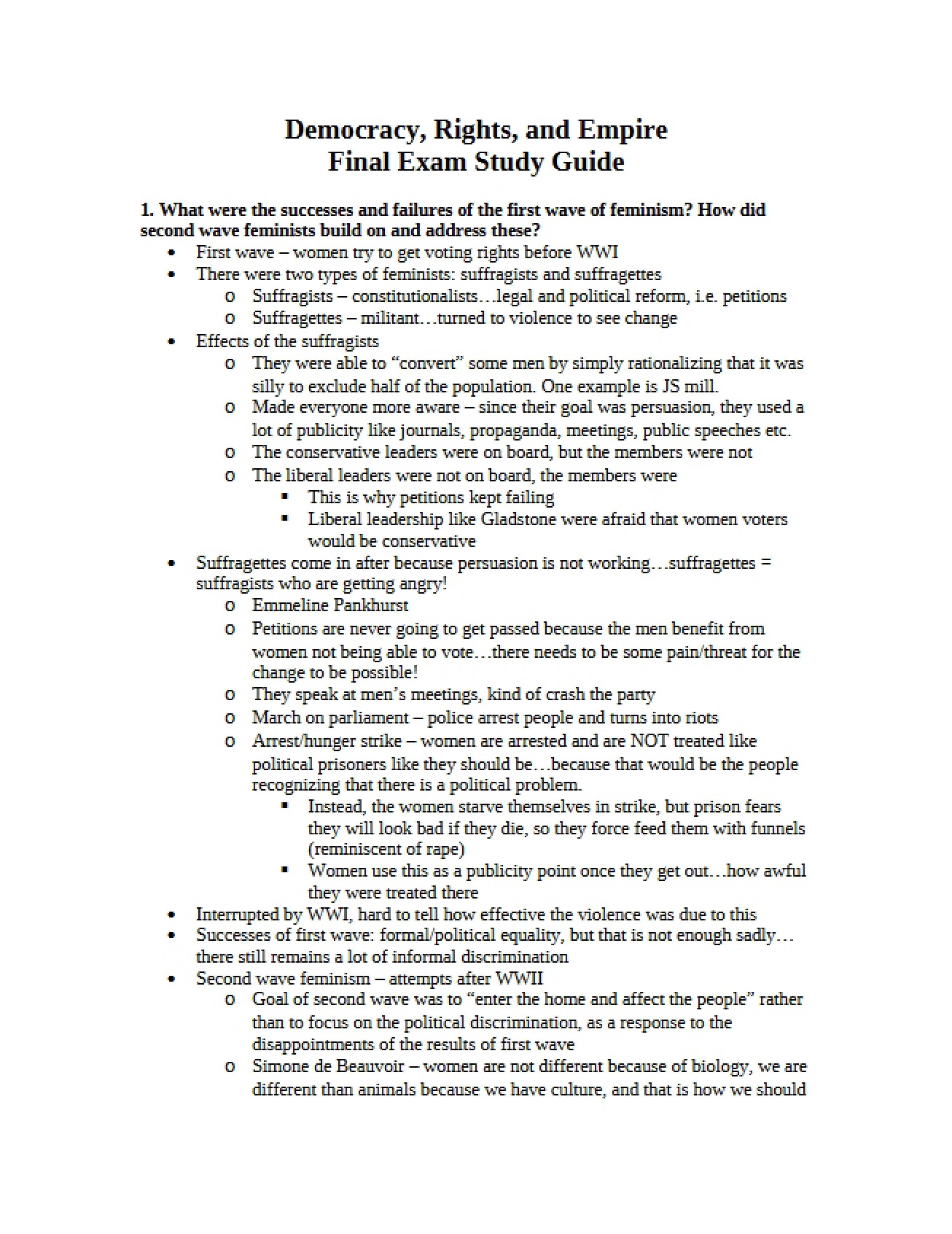 Final Exam Study Guide for Democracy, Rights, and Empire