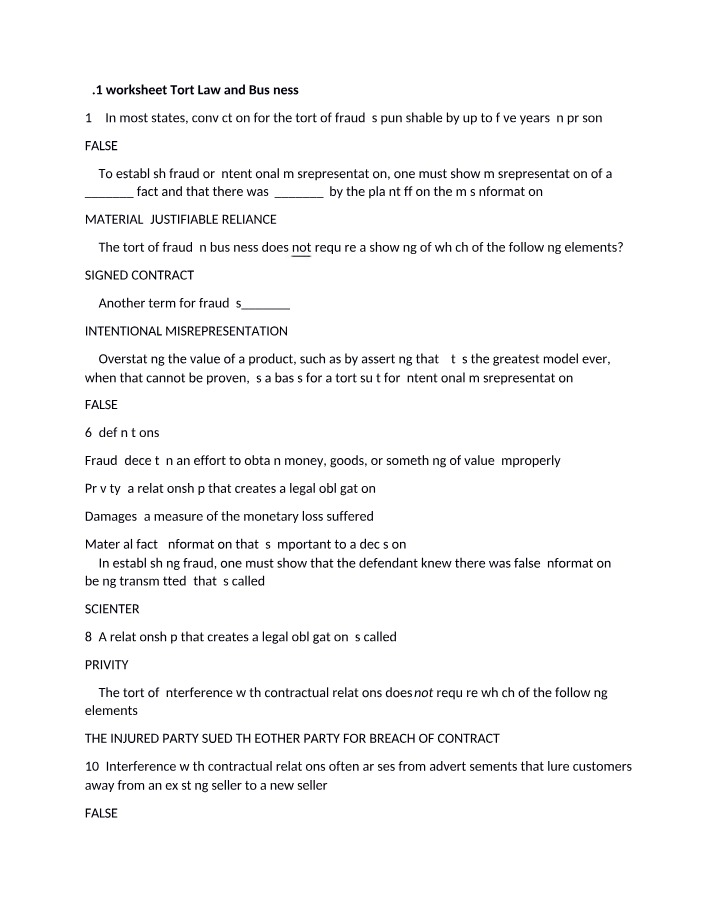 Worksheet - Tort Law, Business Fraud, Product Liability, and Real Property