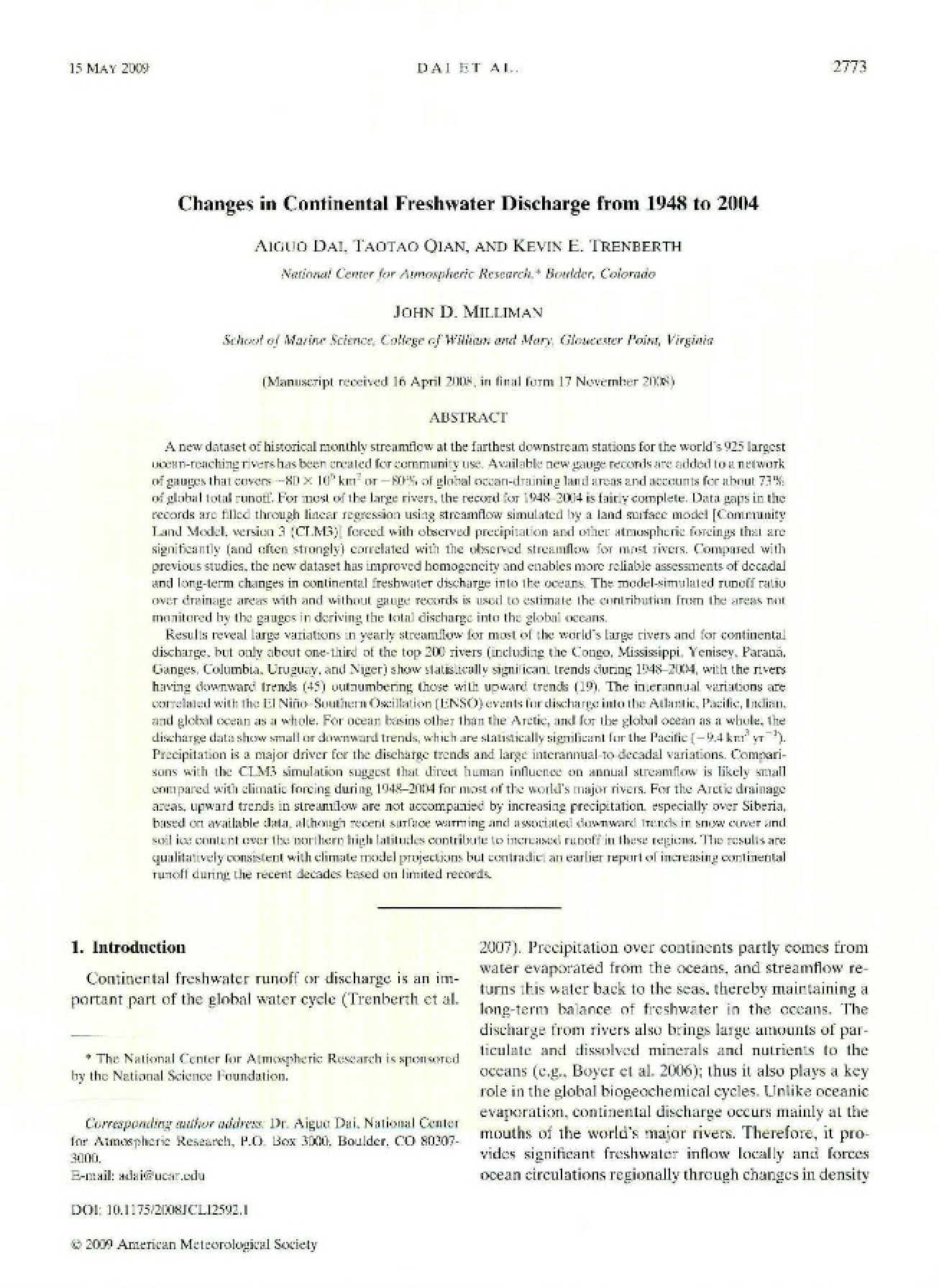 Changes in Continental Freshwater Discharge