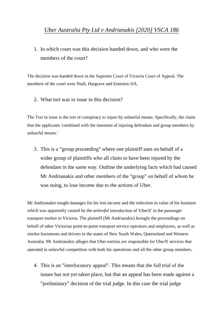 Week 7 Case Analysis - Uber Australia Pty Ltd v Andrianakis
