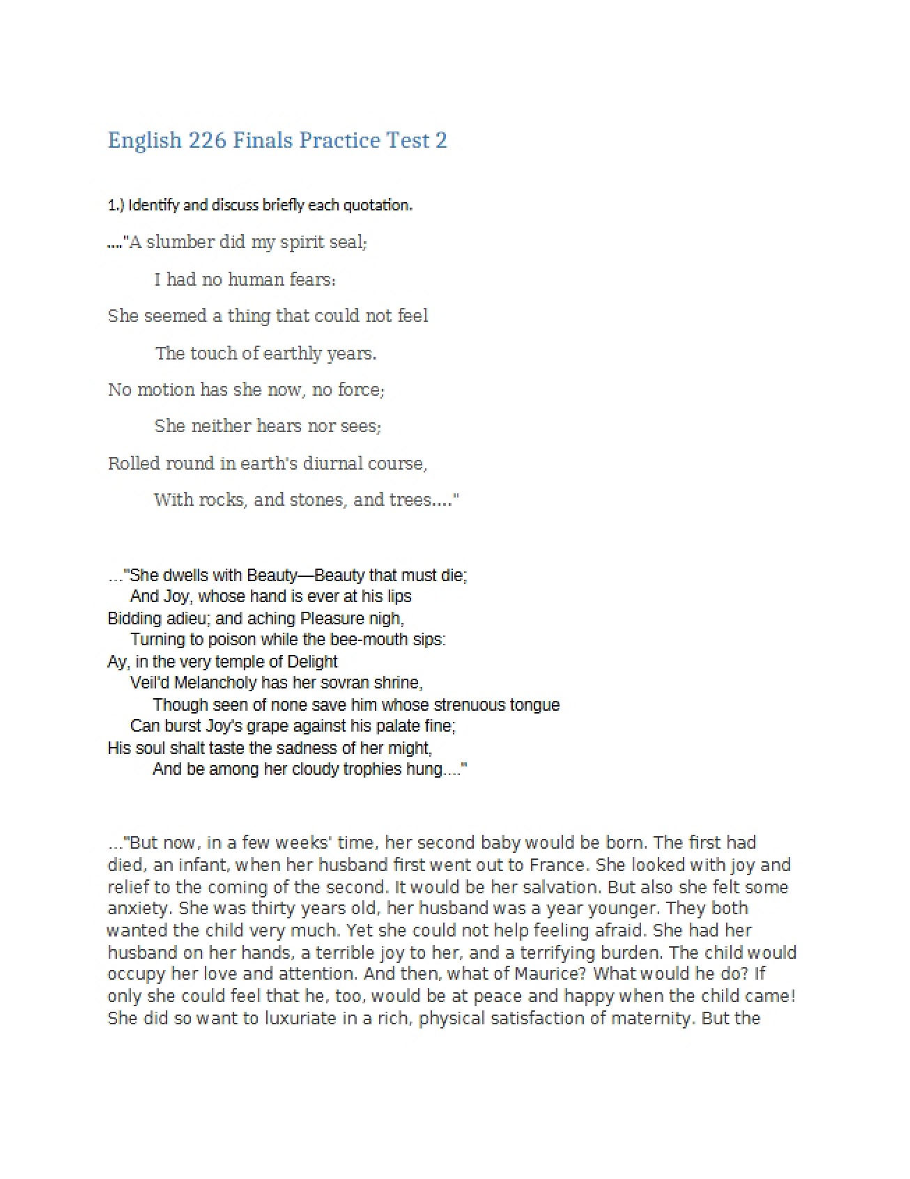 Practice Test Two for British Literature Since Romantic Period Finals