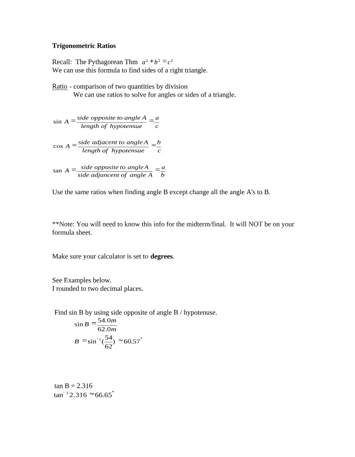 Trigonometric Ratios for Finding Triangle Sides and Angles
