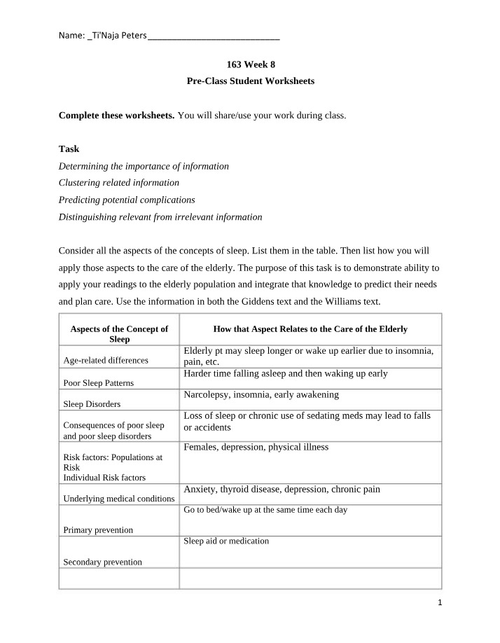 NUR163 Week 8 Pre-Class Worksheets