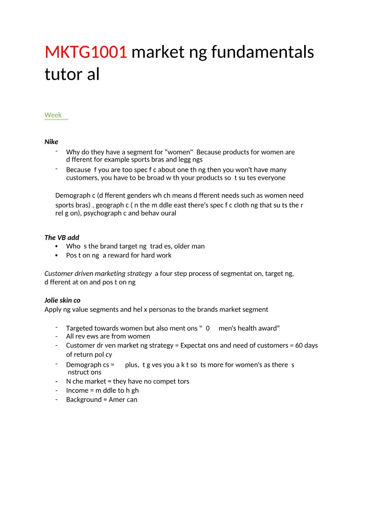 MKTG1001 Tutorial - Marketing Fundamentals