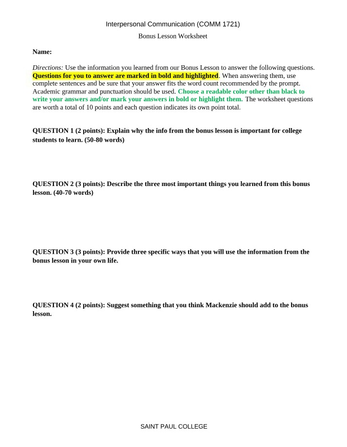 Worksheet - Bonus Lesson
