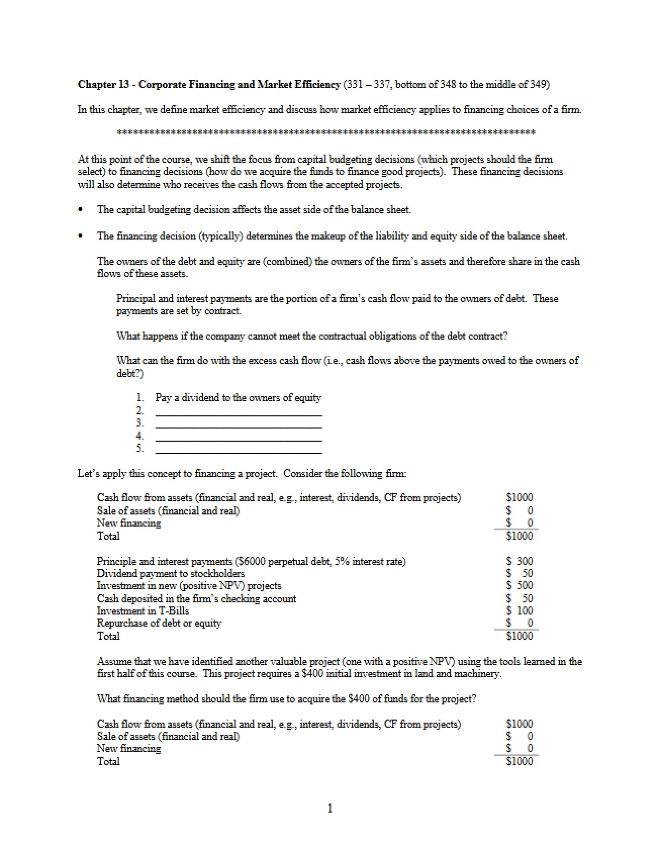 Corporate Financing and Market Efficiency - Corporation Finance I