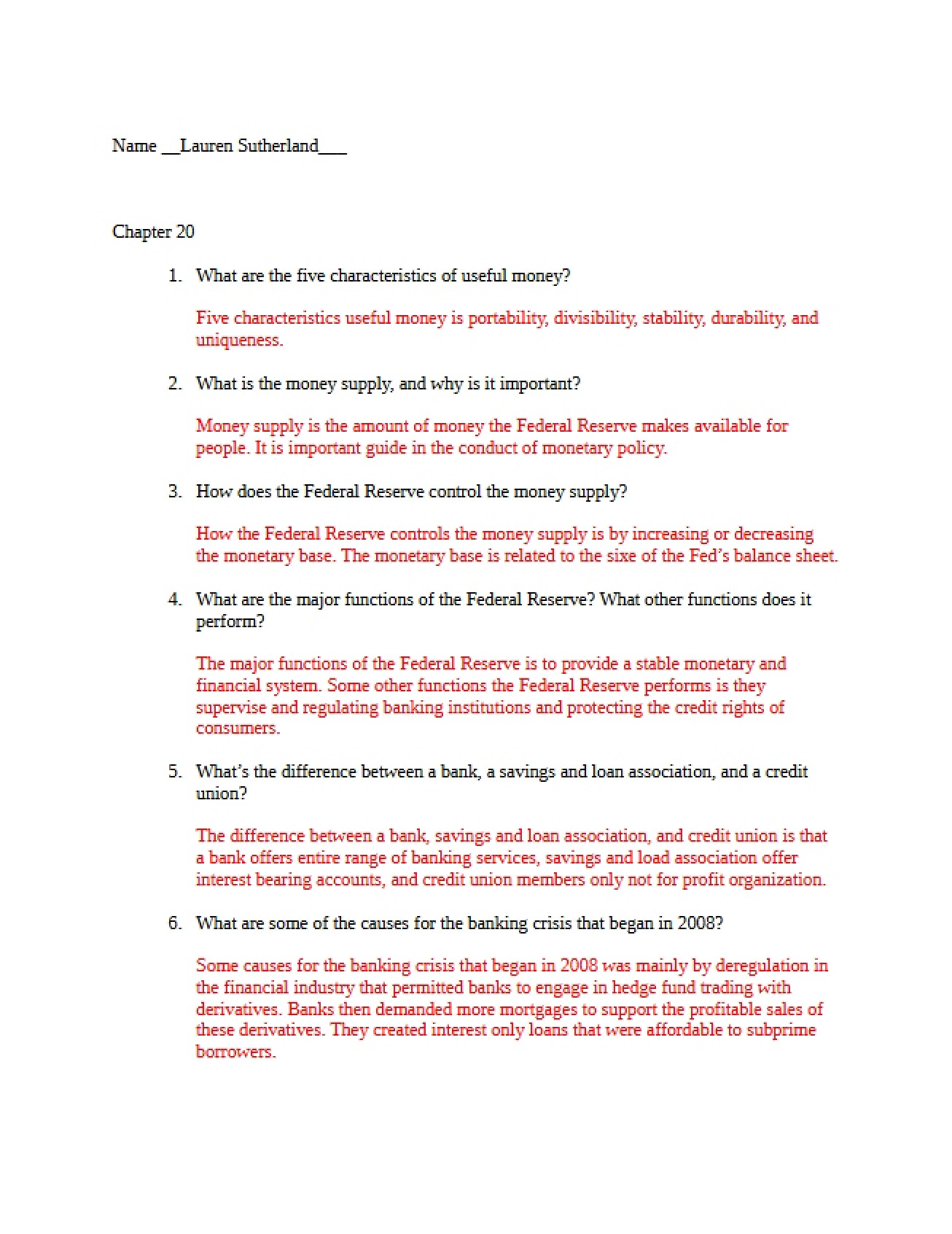 Homework for Chapter 20 of Introduction to Business