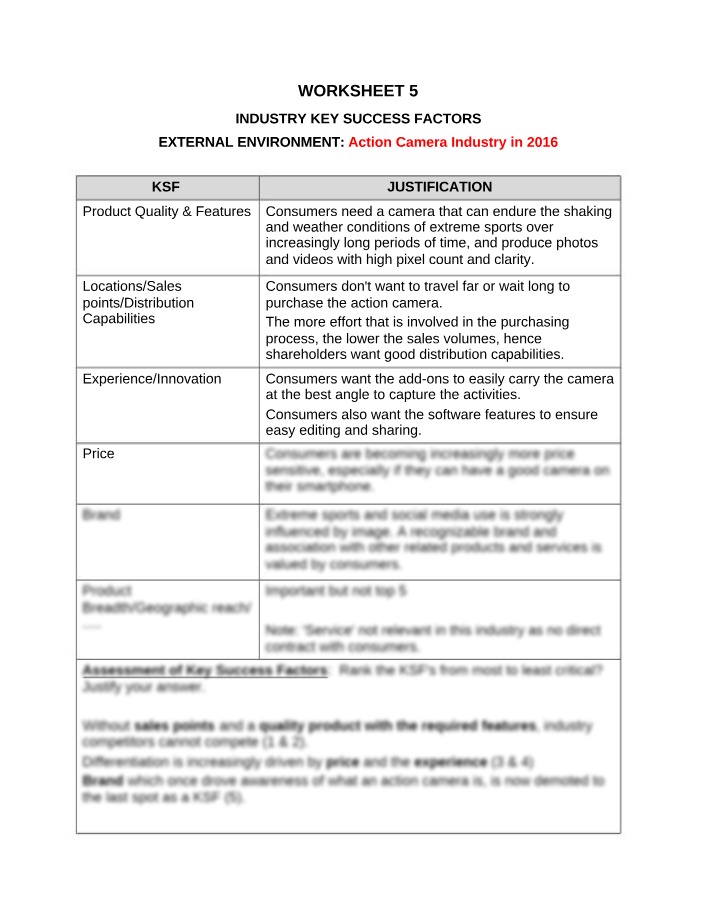 Worksheet 5 - Action Camera Industry Key Success Factors