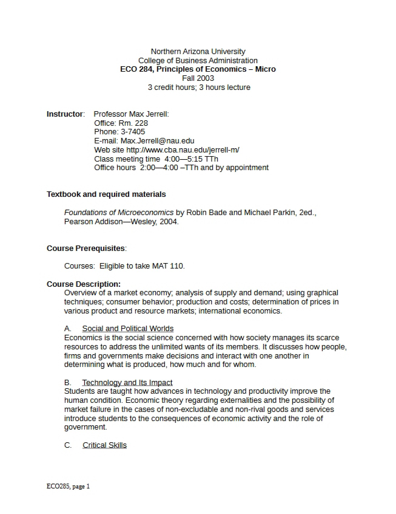 Syllabus for Principles of Microeconomics