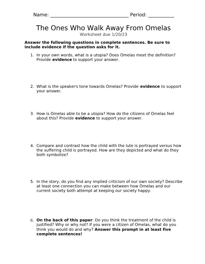 Worksheet - The Ones Who Walk Away From Omelas