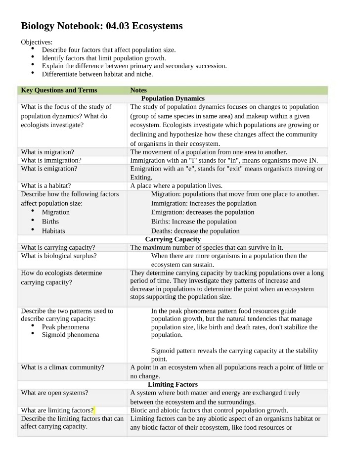 Factors Affecting Ecosystem Population Size and Growth