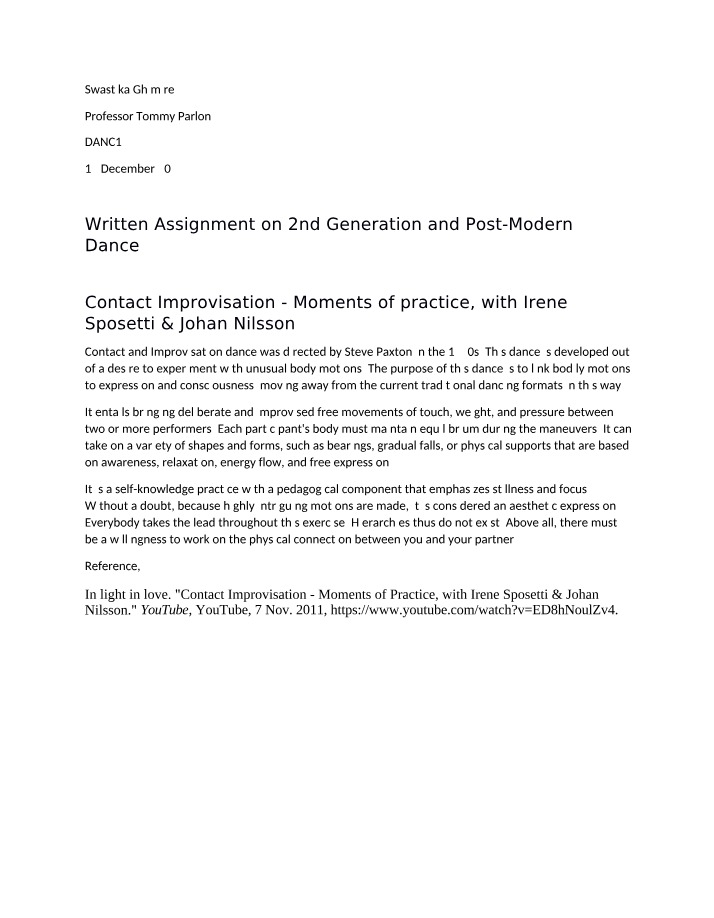 2nd Generation and Post Modern Dance Assignment Essay