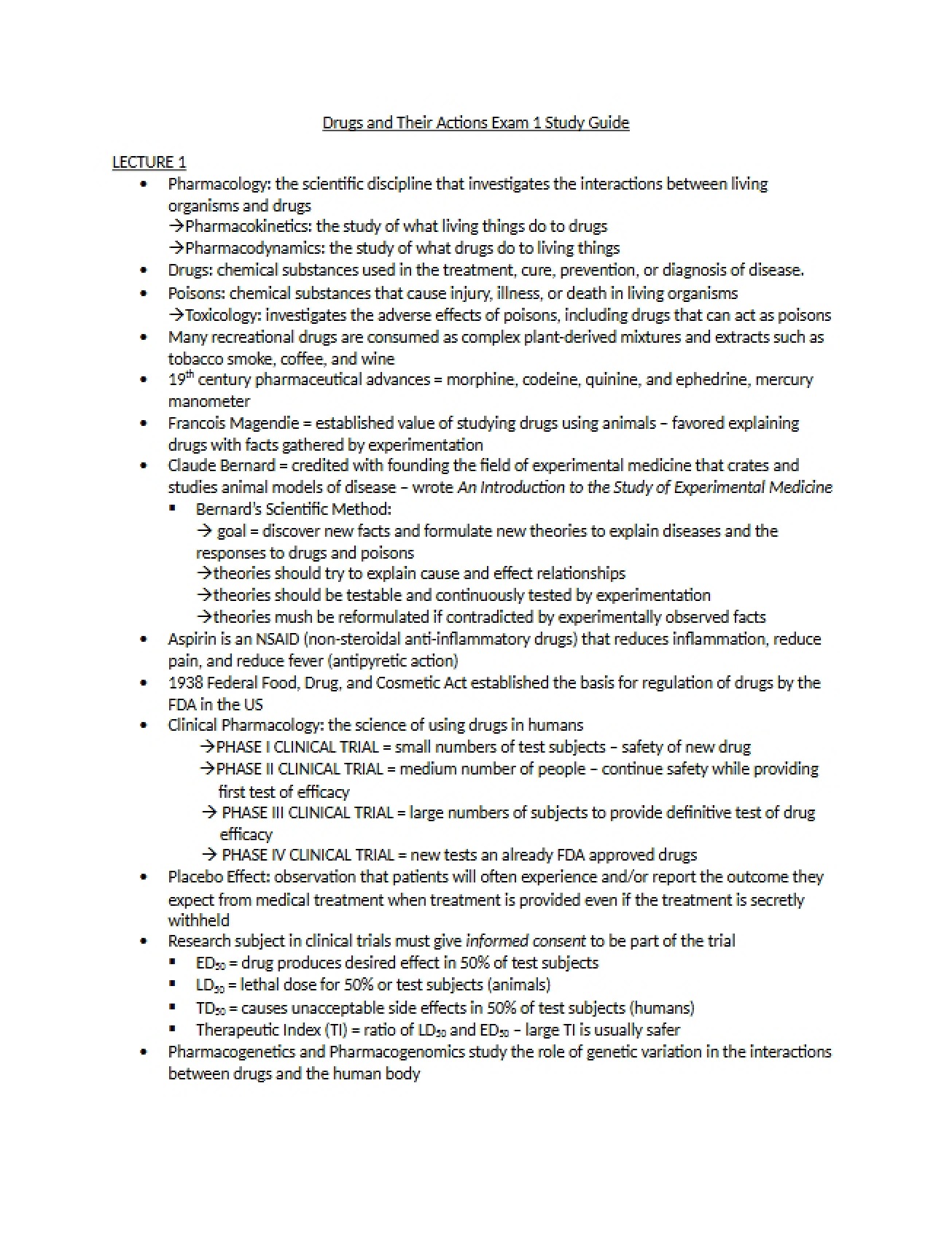 Study Guide for Drugs and Actions Exam 1