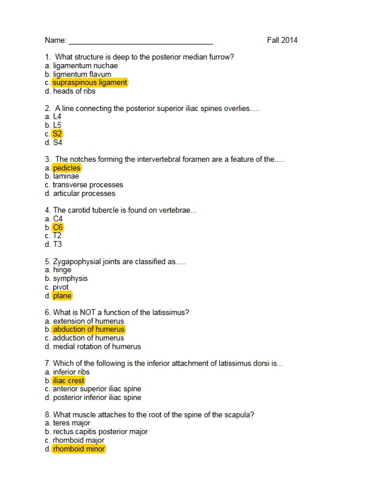Gross Anatomy Exam One (Fall 2014)