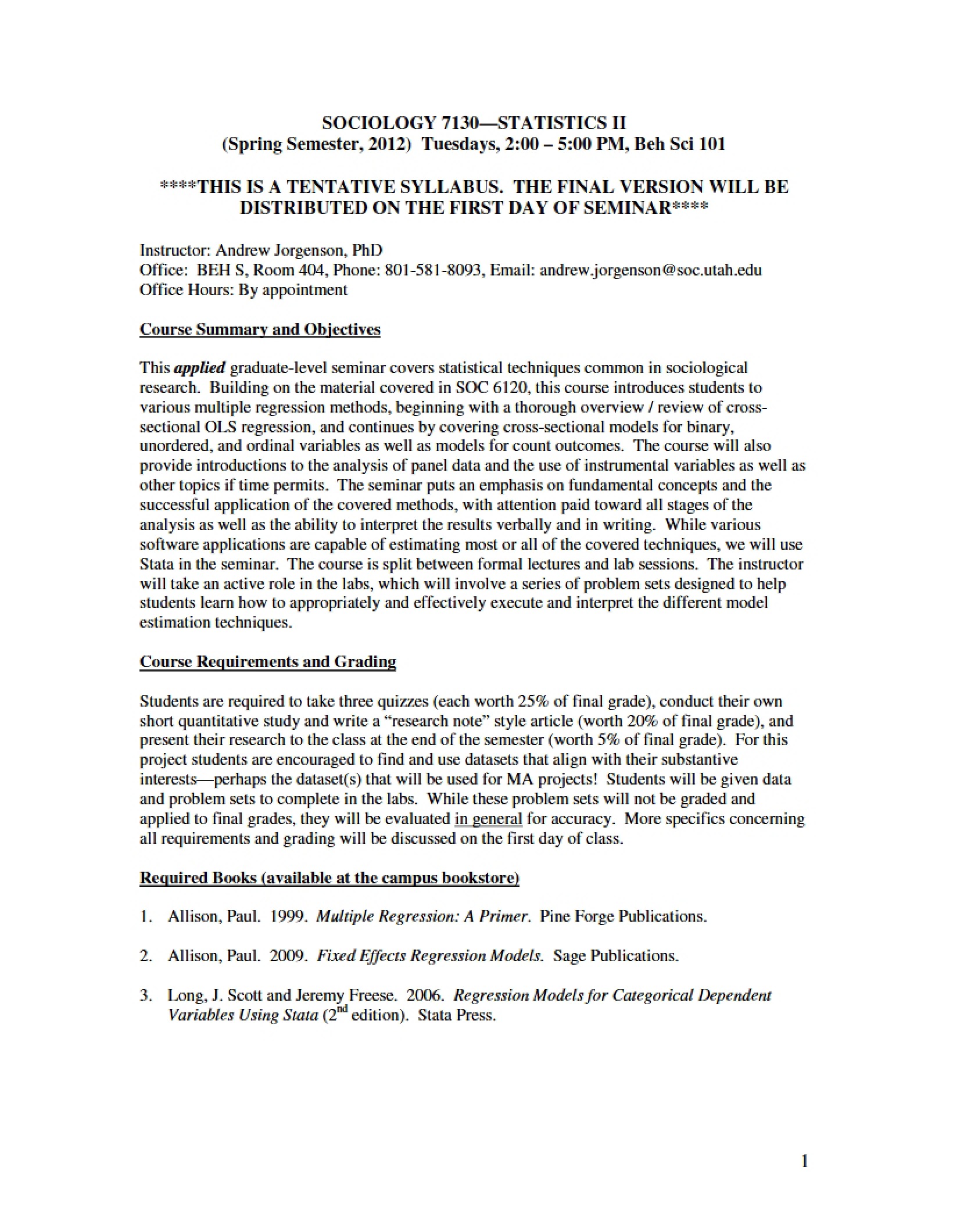 Course Outline Statistics Two