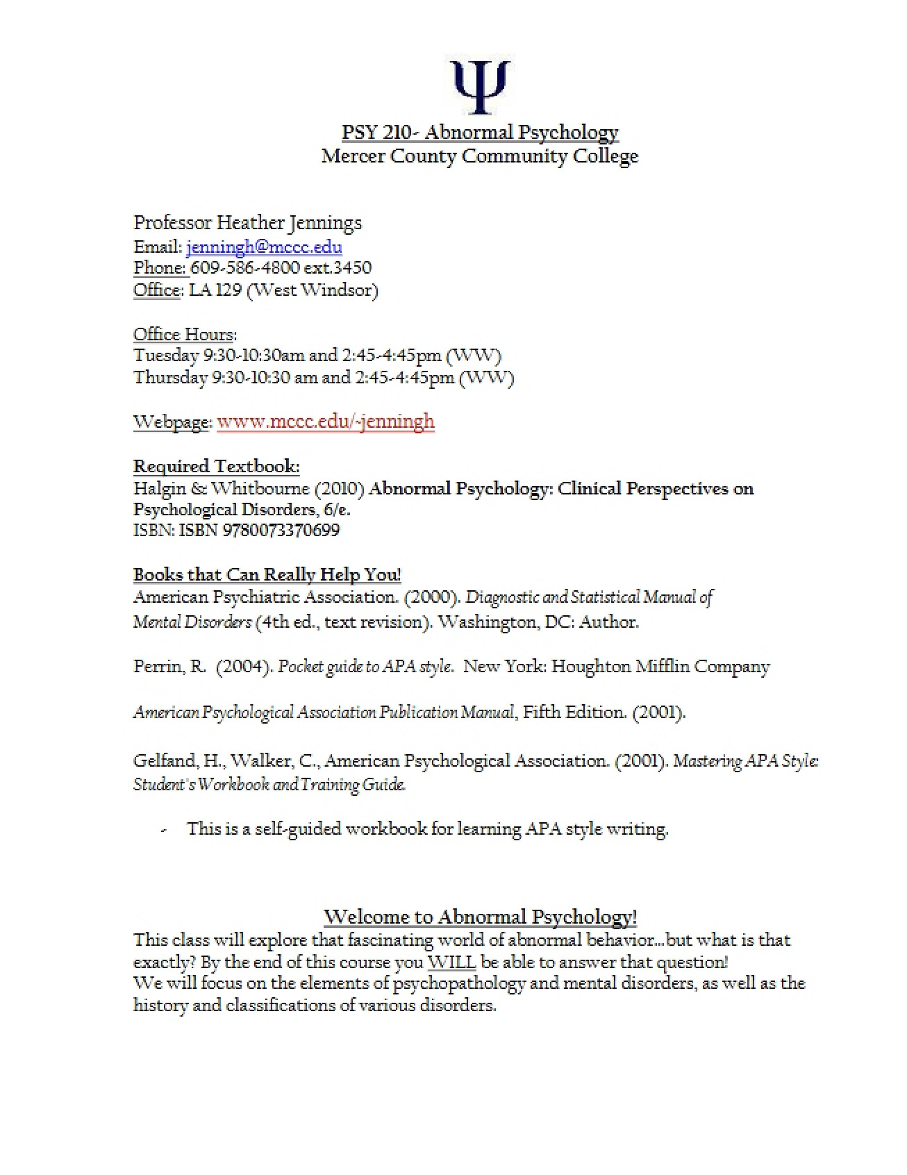Abnormal Psychology Syllabus