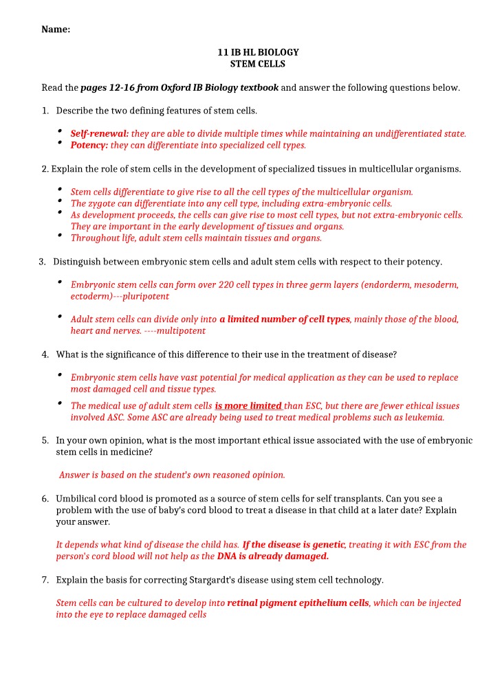 Stem Cell Questions