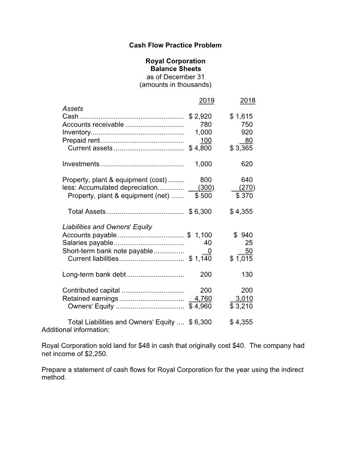 Cash Flow Practice Problem for Royal Corporation