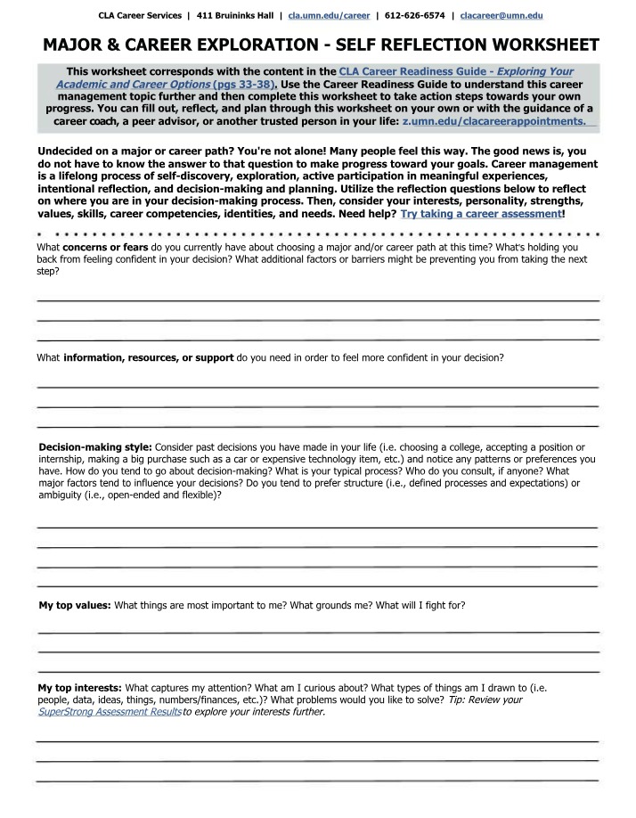 Worksheet for Self Reflection