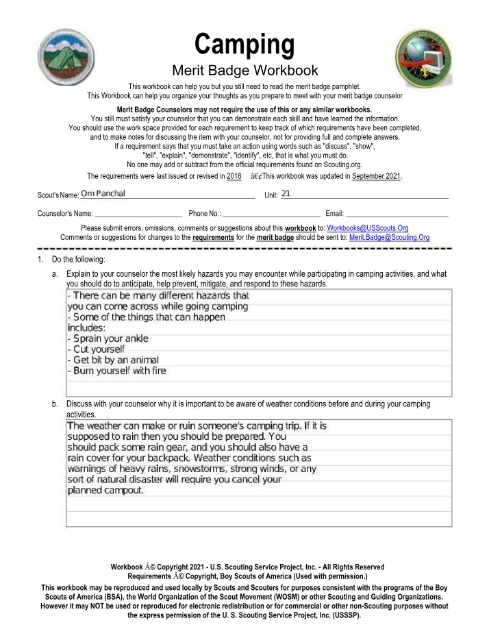 Workbook for Camping Merit Badge
