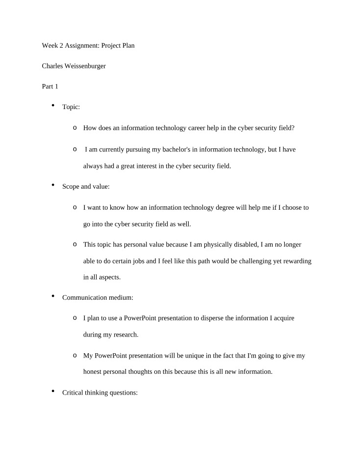 Project Plan - Week 2 Assignment