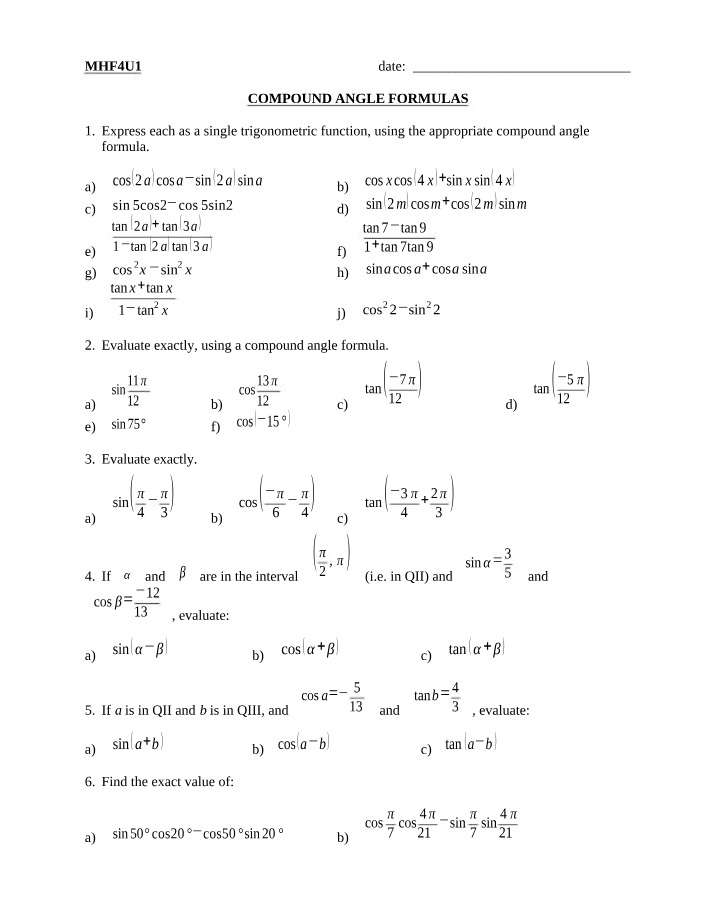 Compound Angle Formulas for Trigonometry