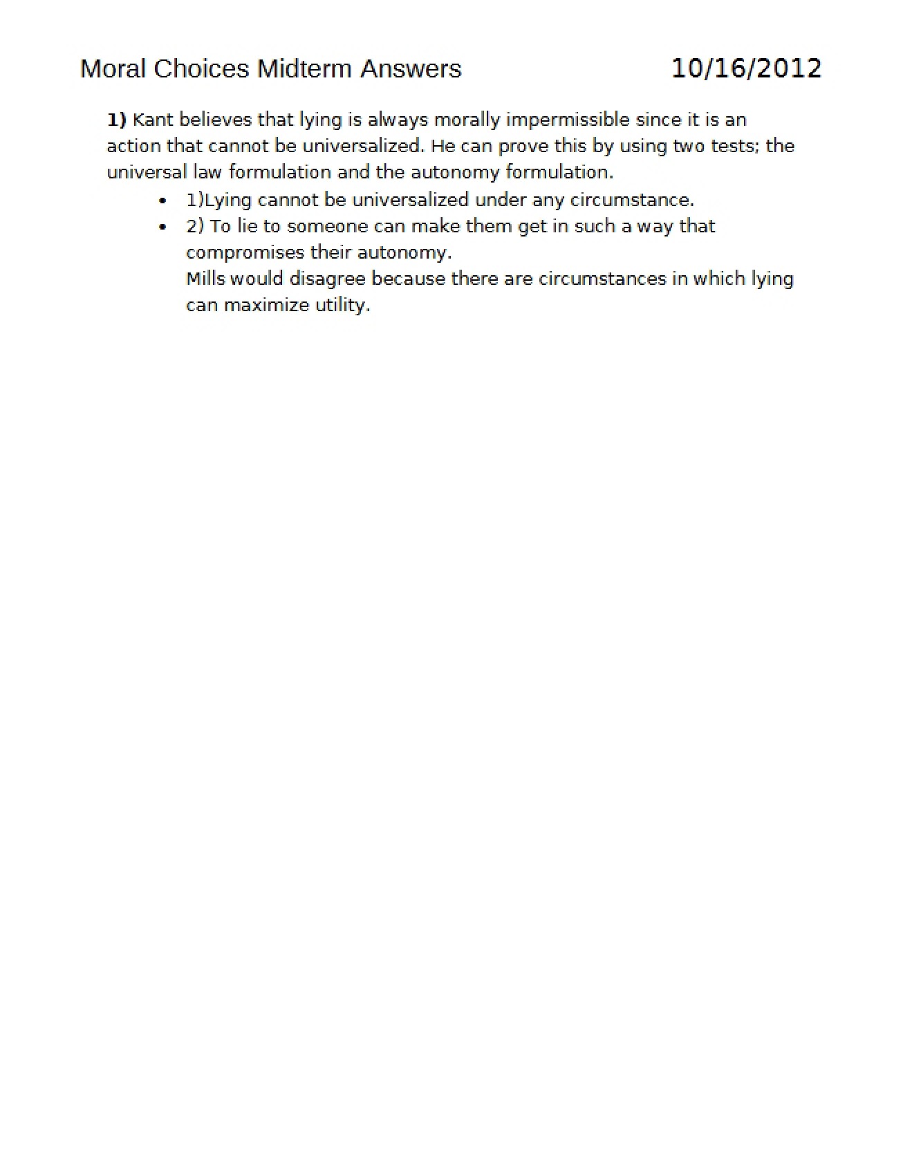 Answers to Moral Choices Midterm