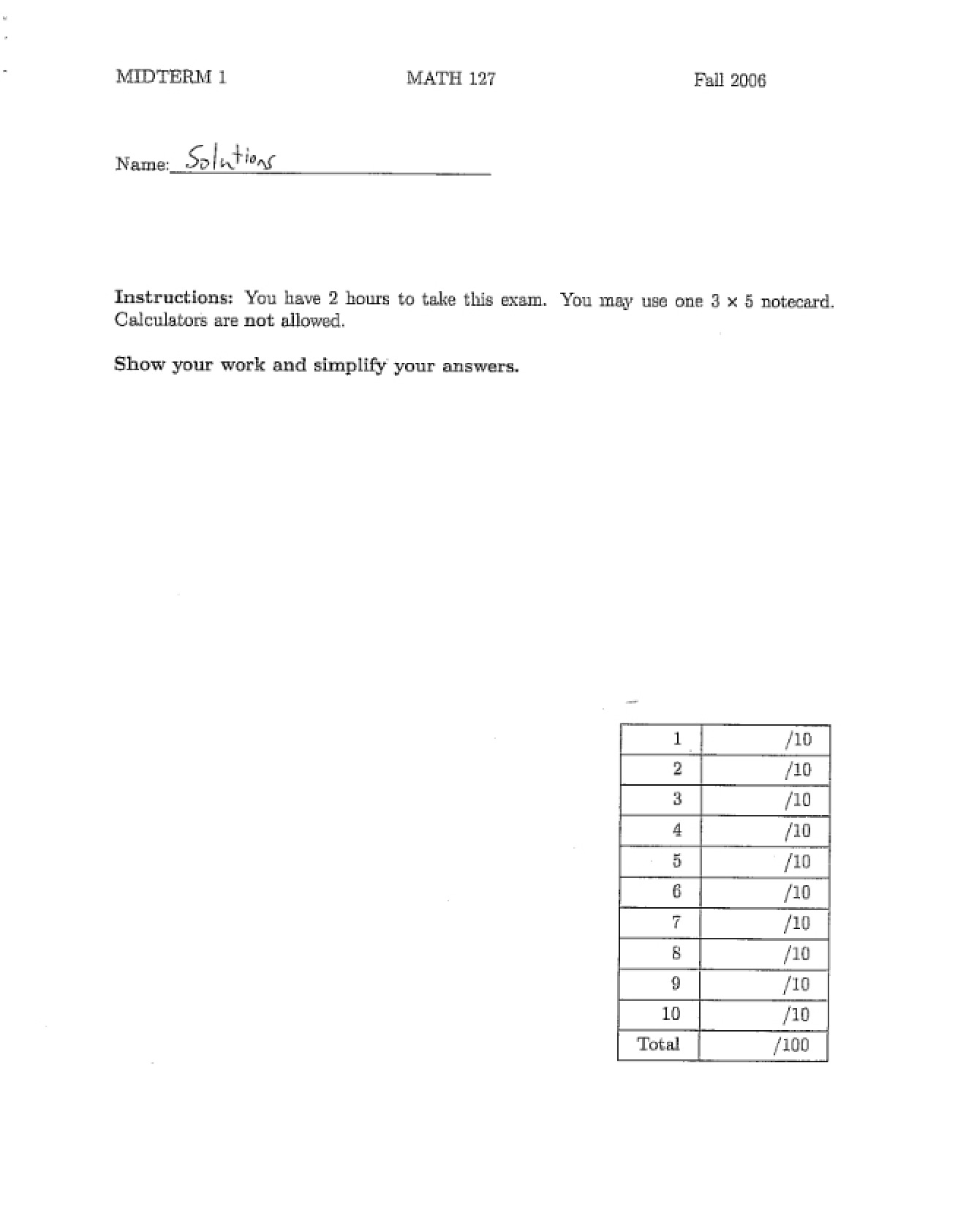 Solutions for Midterm 1